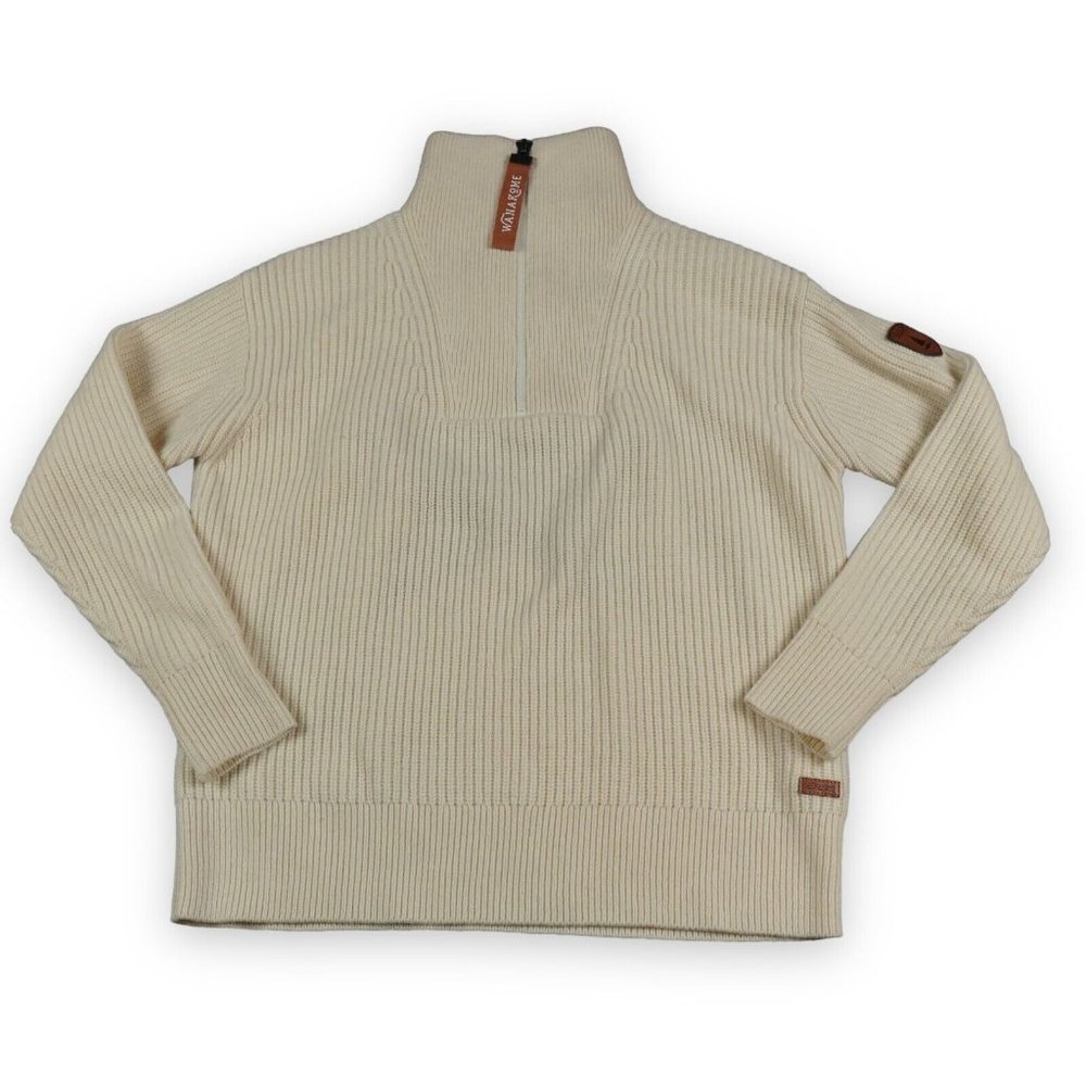 Wanakome Noemie Wool Sweater Women XS‎ Off White Blue Star 1/4 Zip Warm Comfy - Picture 2 of 12